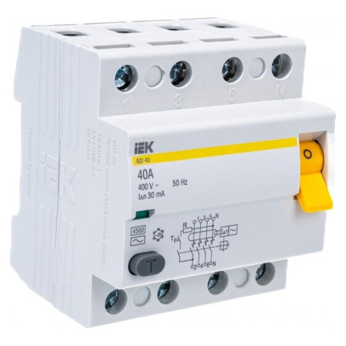 Выключатель IEK ВД1-63 (MDV10-4-040-030) дифф.тока УЗО 40A 30мА AC 4П 400В 4мод белый (упак. 1шт)