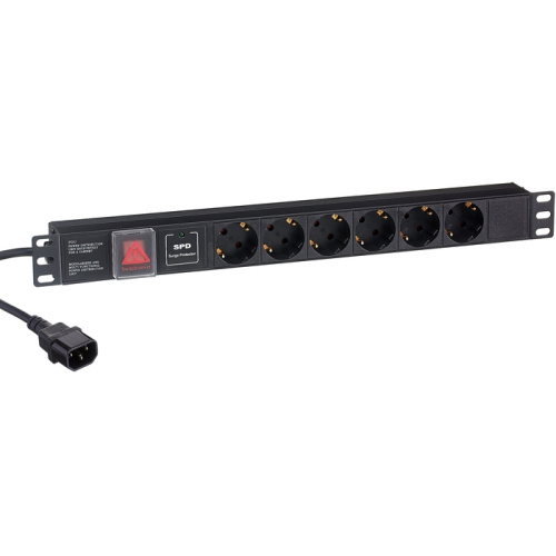 Блок розеток ExeGate ServerPro PDU-19H609 Al-6S-C14-2CU-SPD1 (EX280834RUS) 19", 1U, Алюминий, 6 Schuko, кабель с вилкой C14 VDE-250V-10A-3*1.0mm2