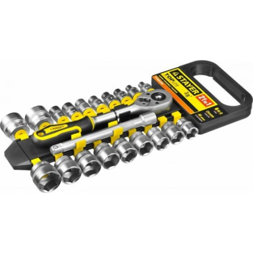 Набор торцовых головок Stayer Standard 27752-H21 3/8" на пластиковом рельсе/трещотка/удлинитель/6-24мм/21 предмет