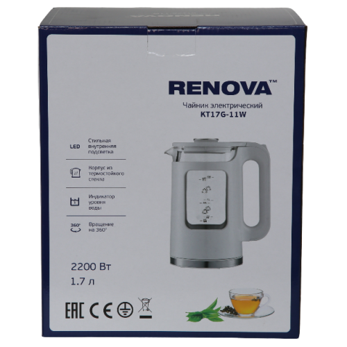 Электрочайник RENOVA KT17G-11W термостойко стекло