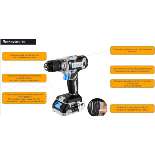 Дрель-шуруповерт Deko Loner 20V (085-1006) с аккум.и зу